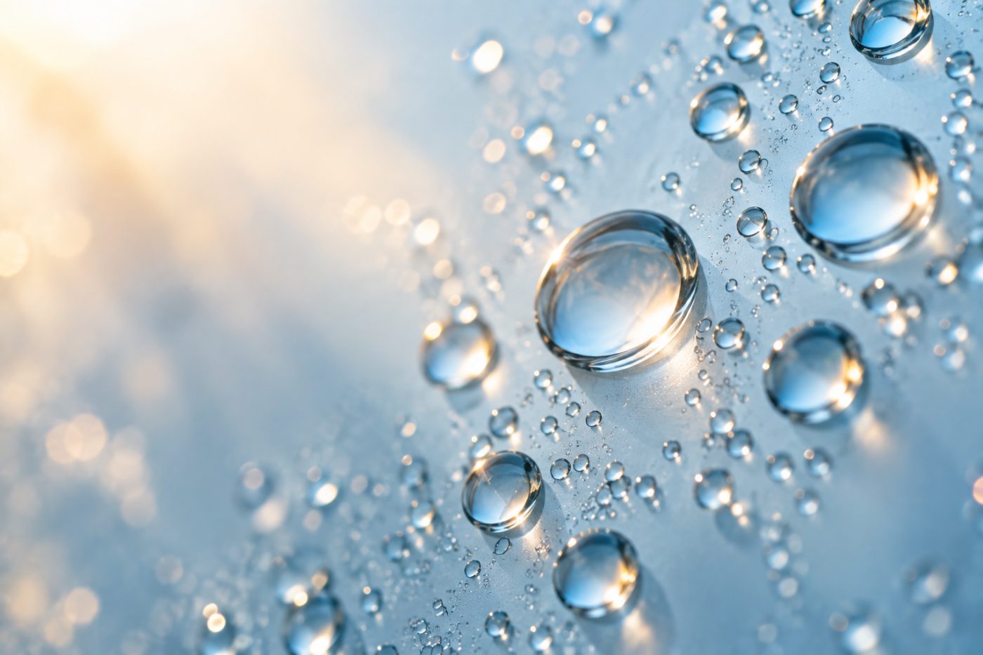 Klare Wassertropfen auf hellblauem Glas