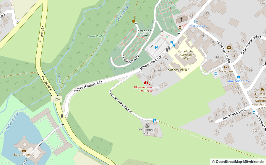 Karte: Lage der Praxis Dr. Rocke an der Villiper Hauptstraße 35, unterhalb der Windmühle Villip