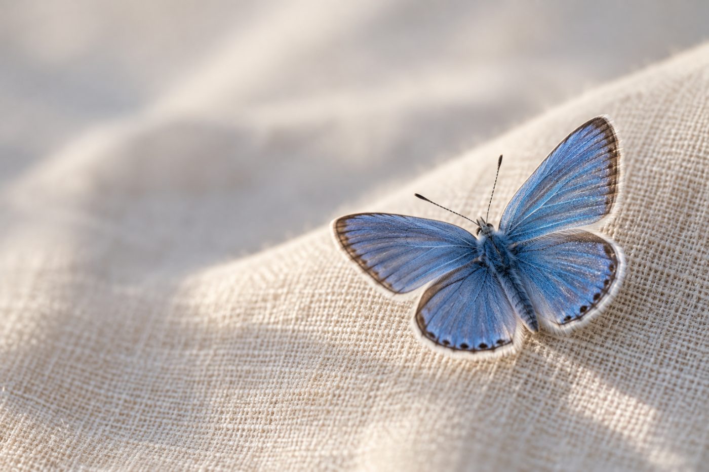 Blauer Schmetterling auf hellem Leinen – Symbol für die schmetterlingsförmige Schilddrüse