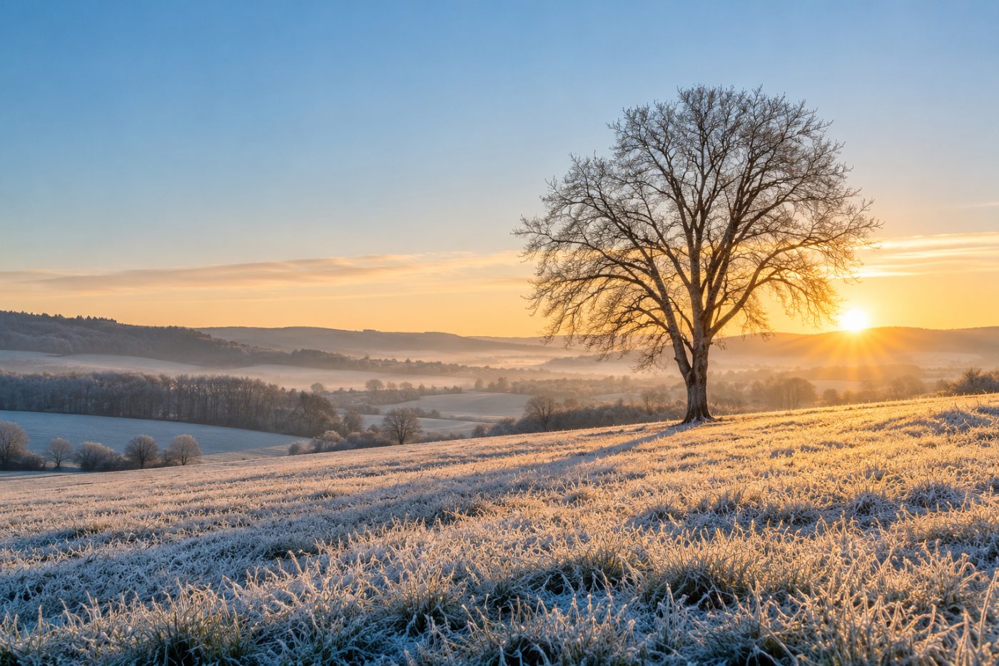 Wintermorgen mit tief stehender Sonne über einer bereiften Wiese